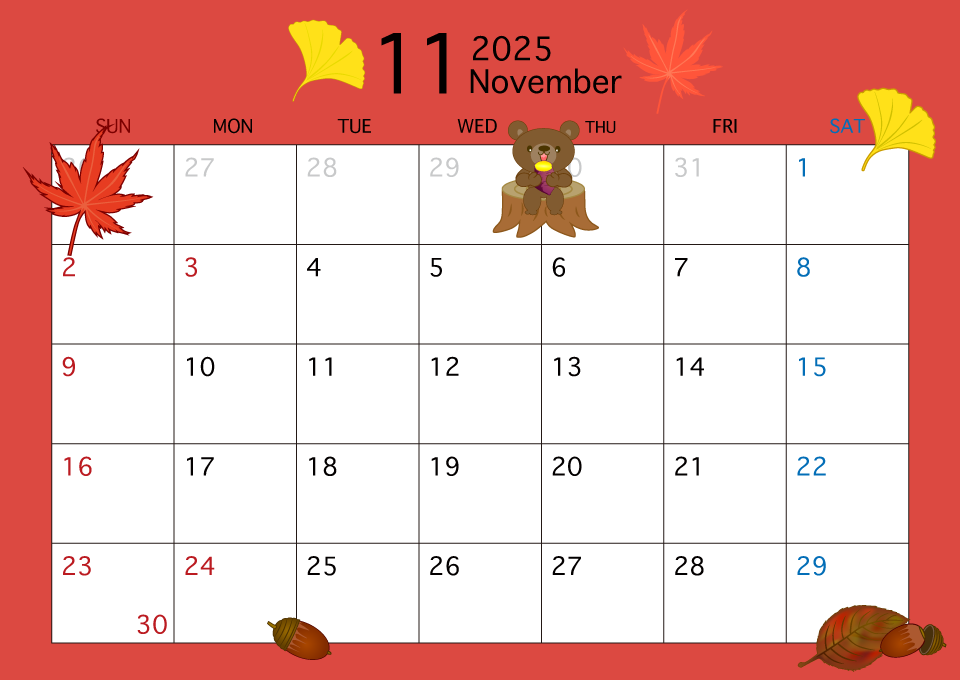2019年11月カレンダーの無料イラスト素材 イラストイメージ