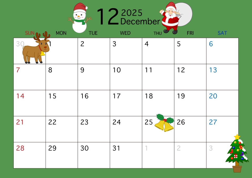 2019年12月カレンダーの無料イラスト素材 イラストイメージ