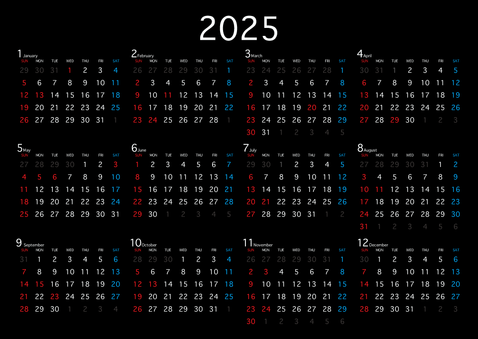 黒色の2025年カレンダー