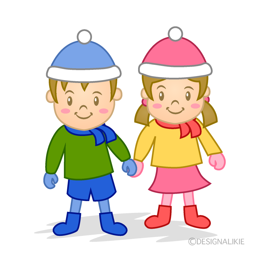 冬に外で遊ぶ男の子と女の子イラストのフリー素材 イラストイメージ