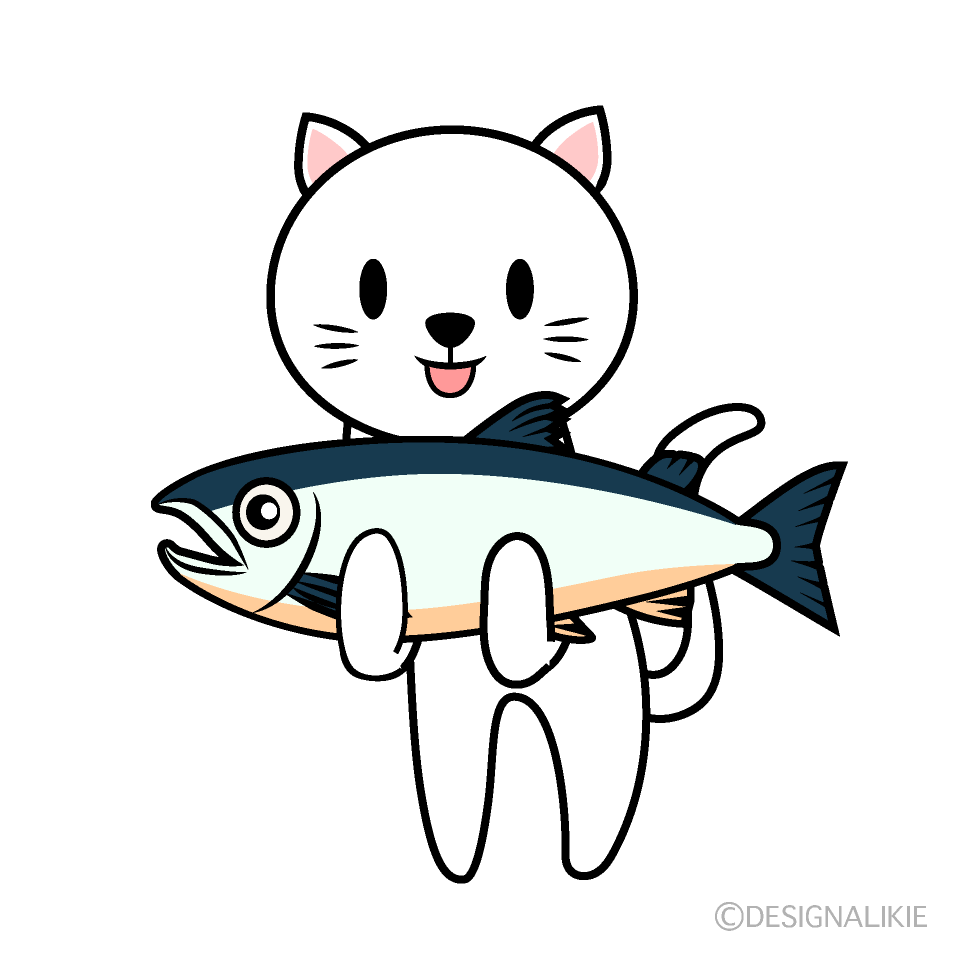 魚を抱えた可愛いネコイラストのフリー素材 イラストイメージ