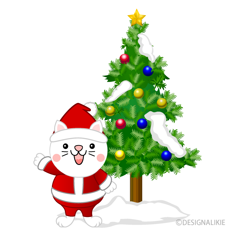 白猫とクリスマスツリーイラストのフリー素材 イラストイメージ