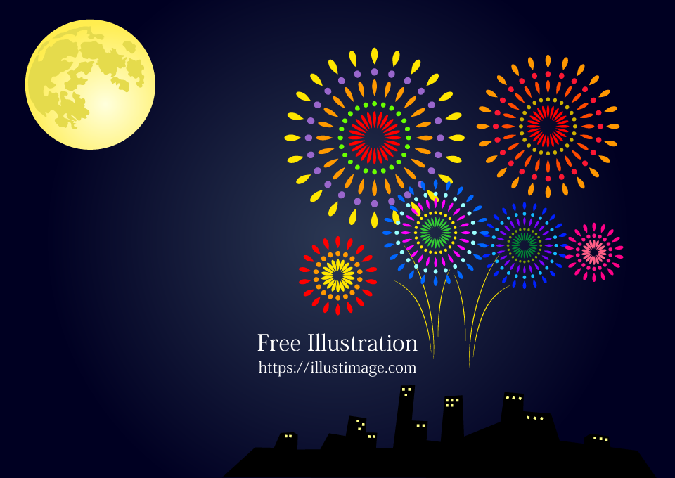 月夜の打ち上げ花火の無料イラスト素材 イラストイメージ