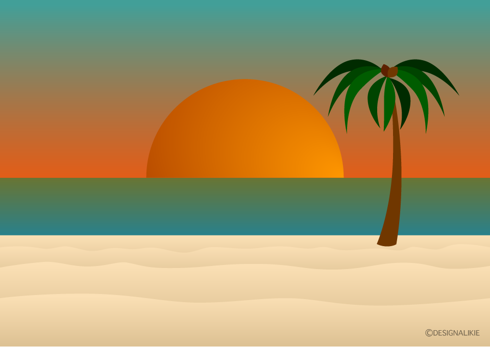 夕日の砂浜ビーチイラストのフリー素材 イラストイメージ