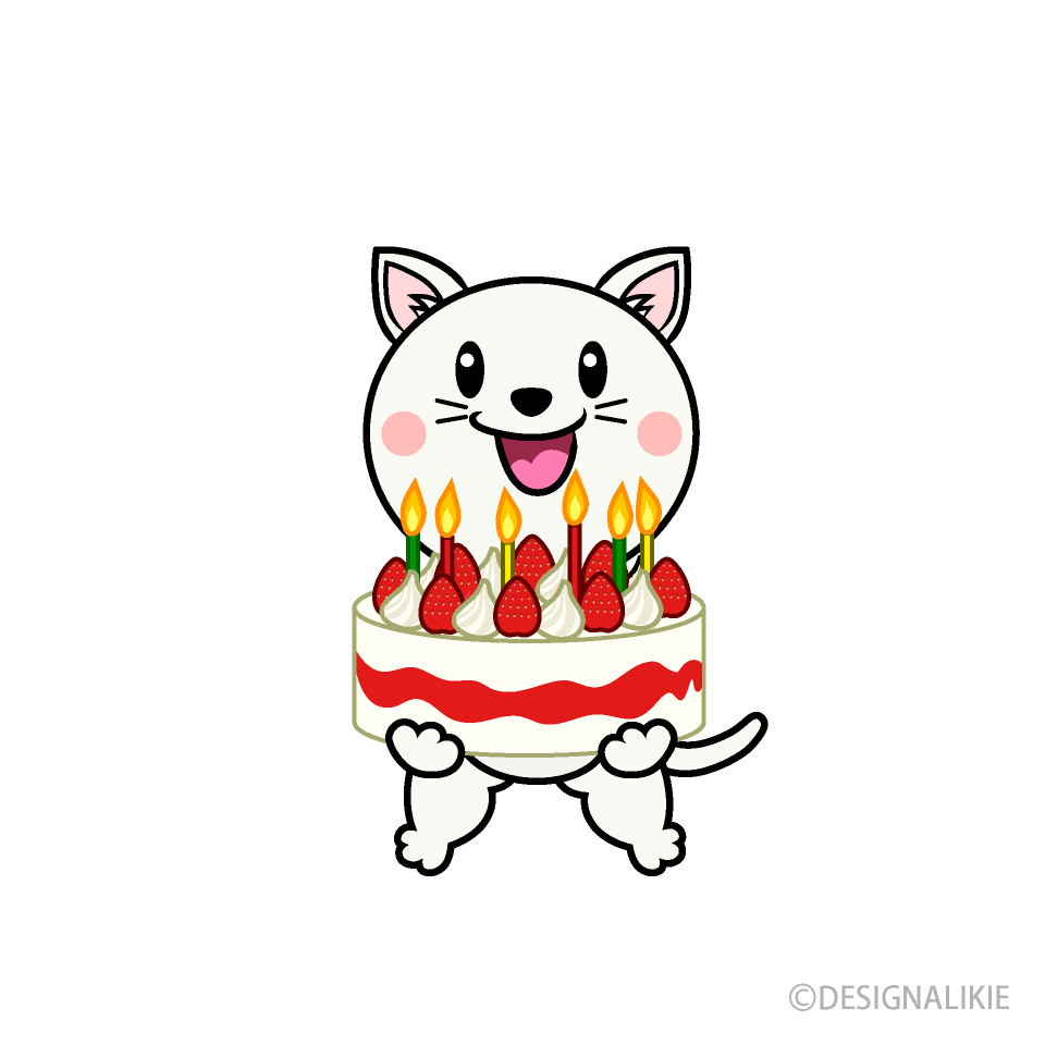 誕生日の白猫キャライラストのフリー素材 イラストイメージ
