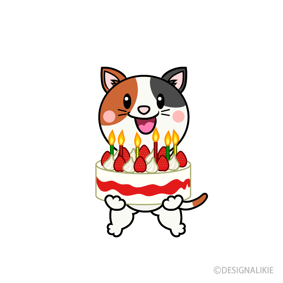 誕生日の三毛猫キャライラストのフリー素材 イラストイメージ