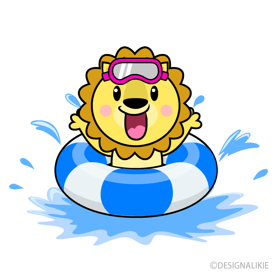 水遊びするライオンキャラ