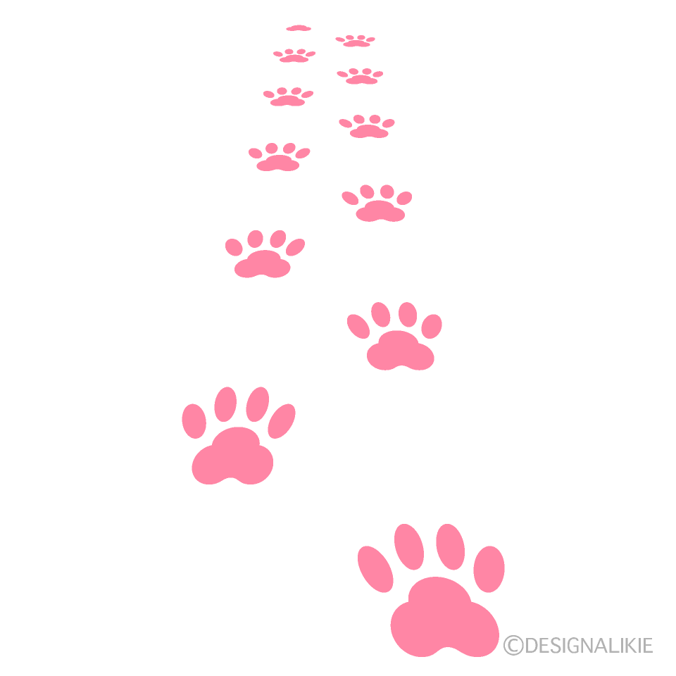 歩く猫のピンク足跡イラストのフリー素材 イラストイメージ