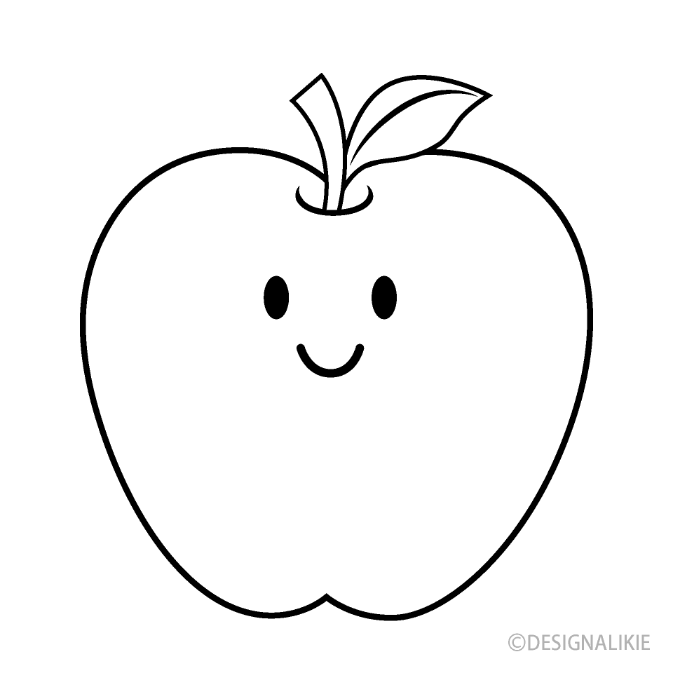 かわいいリンゴキャラ 白黒 イラストのフリー素材 イラストイメージ
