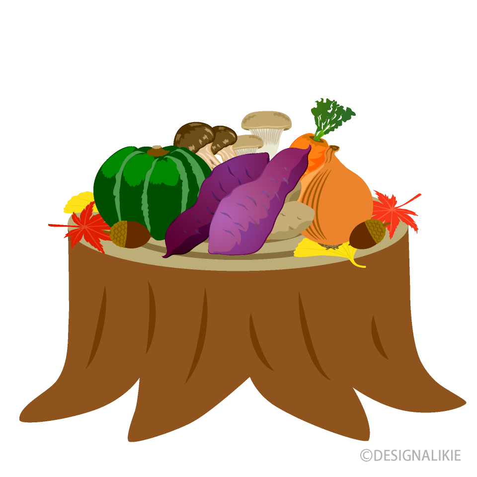 秋の野菜と切り株イラストのフリー素材 イラストイメージ