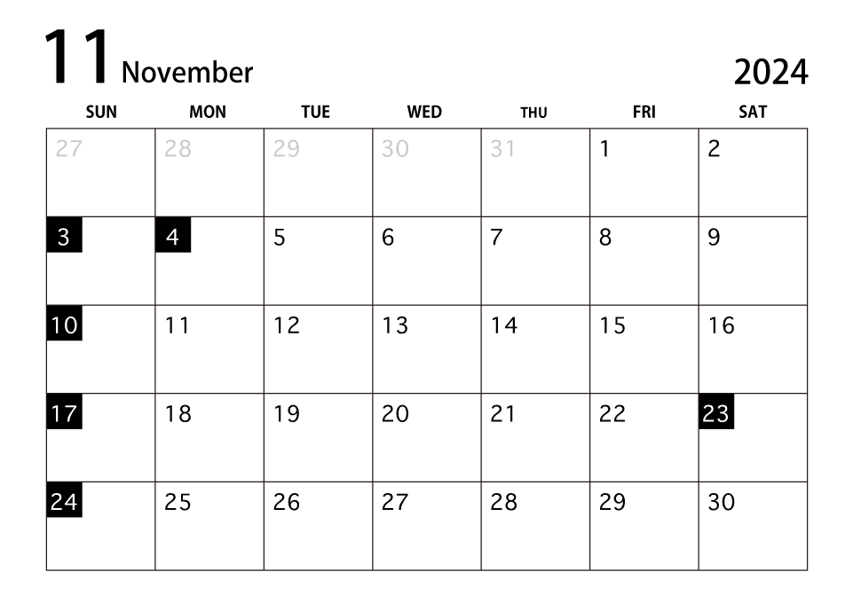 2024年11月カレンダー（白黒）