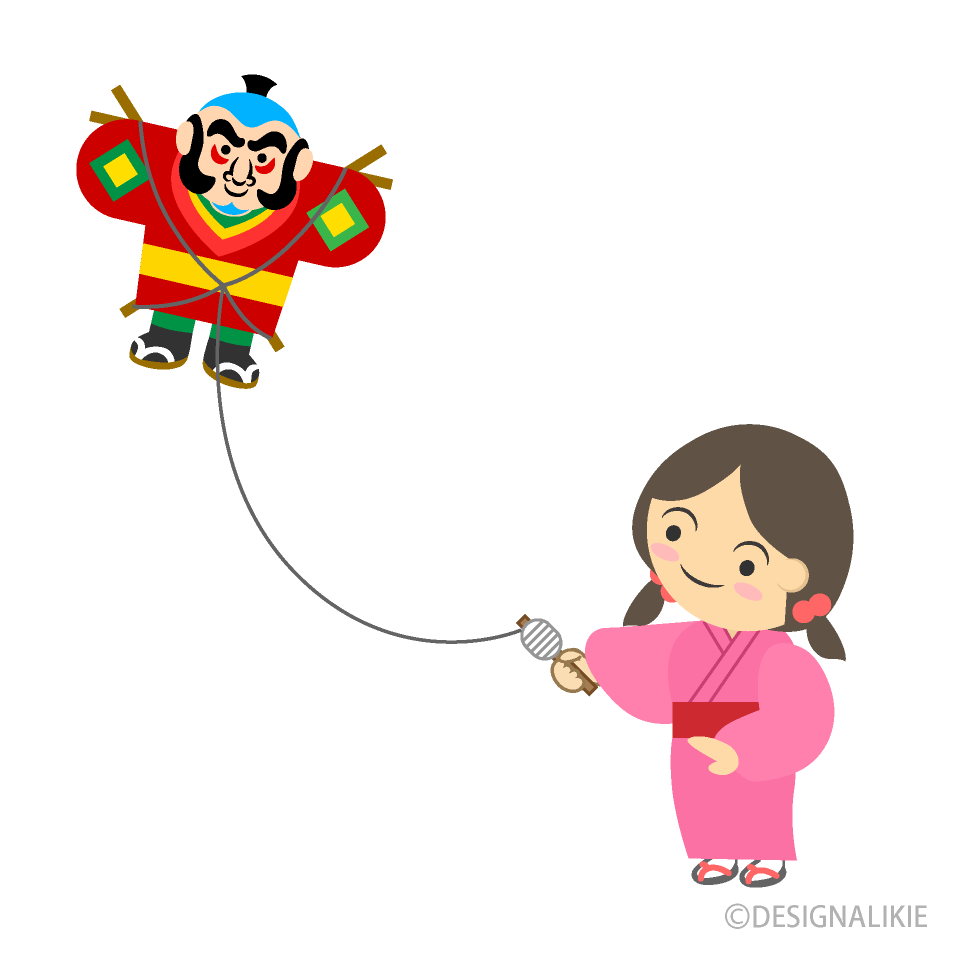 着物女の子の凧揚げイラストのフリー素材 イラストイメージ