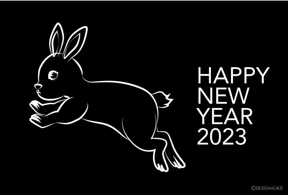 ウサギ線画の黒背景年賀状イラストのフリー素材 イラストイメージ