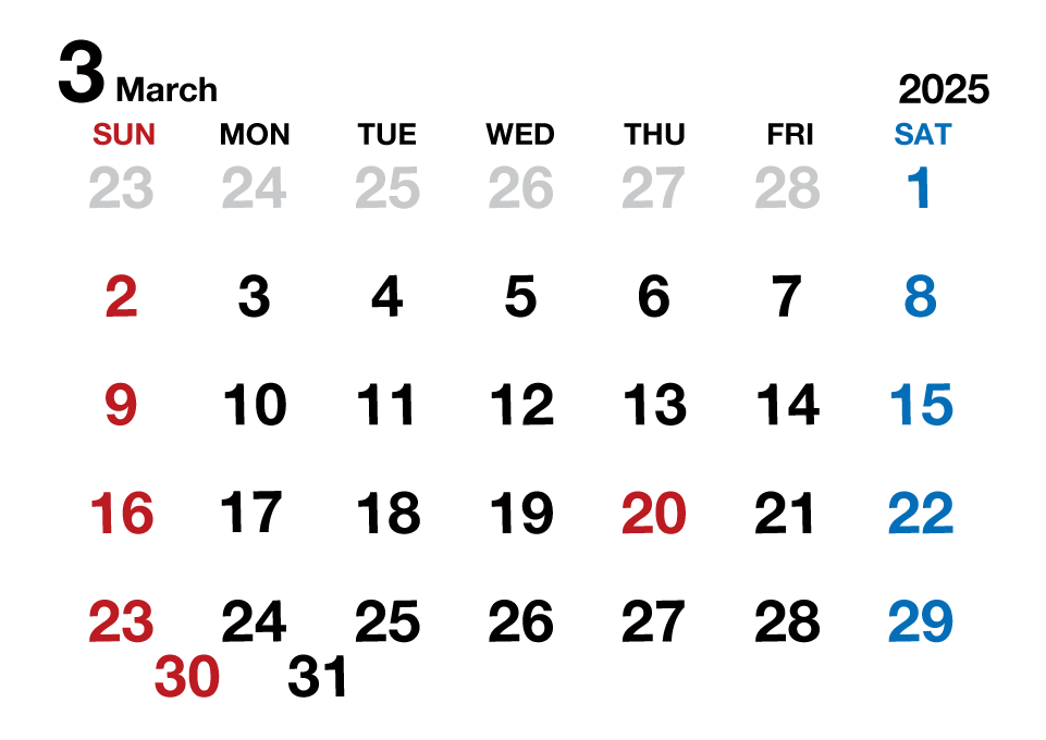 2023年3月カレンダー（文字大枠無）