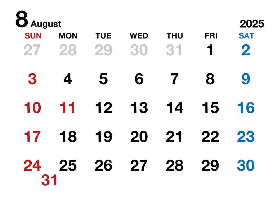 2023年8月カレンダー（文字大枠無）