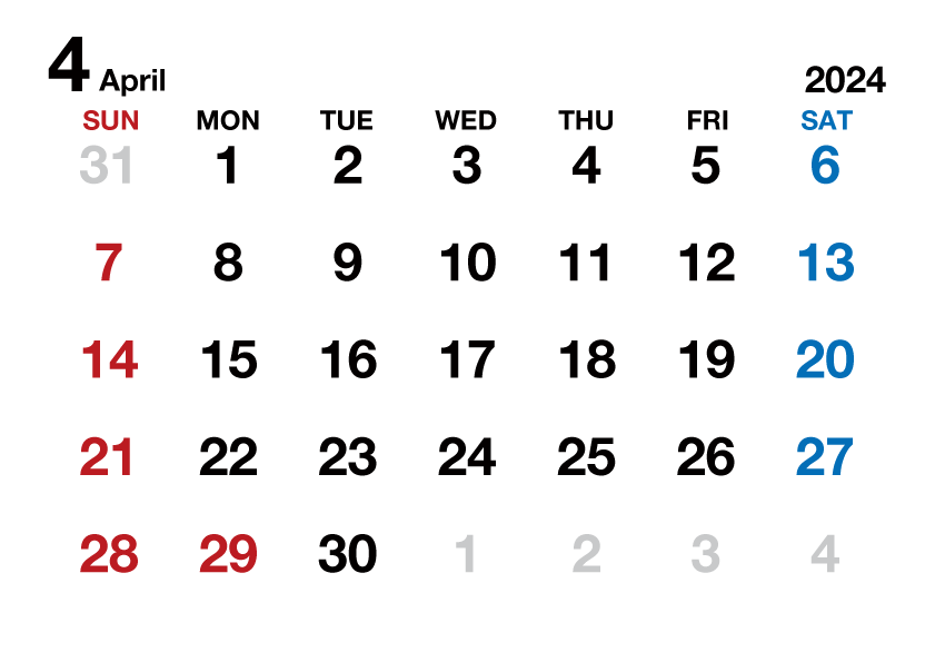 2024年4月カレンダー（文字大枠無）
