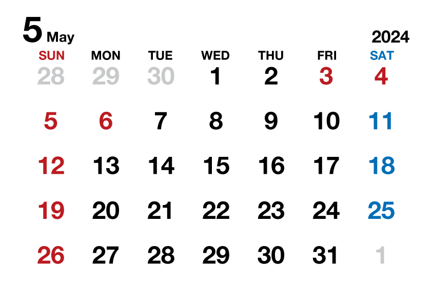 2024年5月カレンダー（文字大枠無）