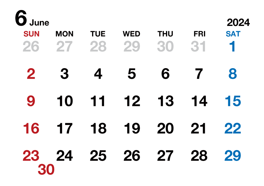 2024年6月カレンダー（文字大枠無）