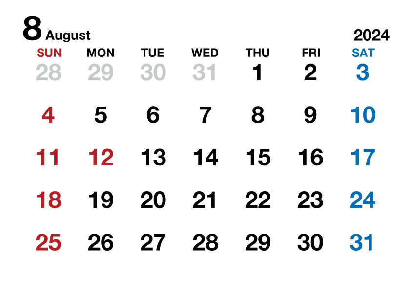 2024年8月カレンダー（文字大枠無）