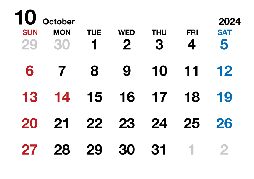 2024年10月カレンダー（文字大枠無）