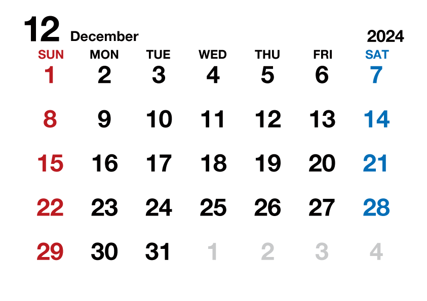 2024年12月カレンダー（文字大枠無）