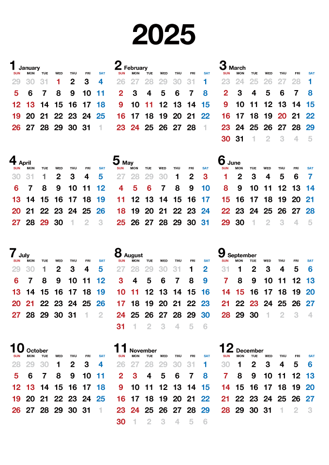 2025年カレンダー（文字大）