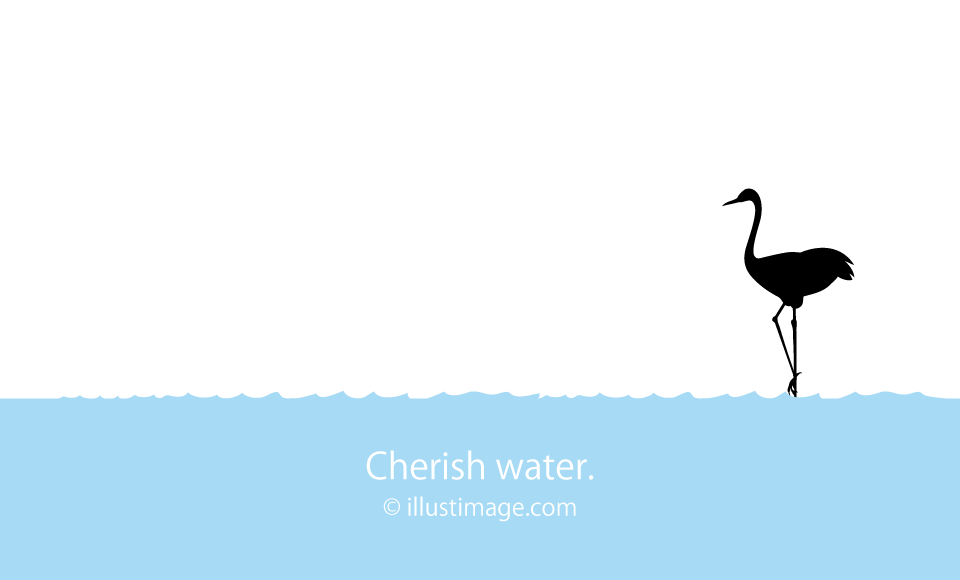 水辺の鶴のシルエット風景の無料イラスト素材 イラストイメージ