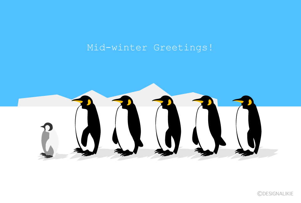 列になって歩くペンギンの寒中見舞いカードイラストのフリー素材 イラストイメージ