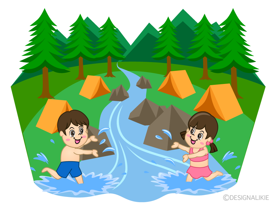 川で水遊びする子供