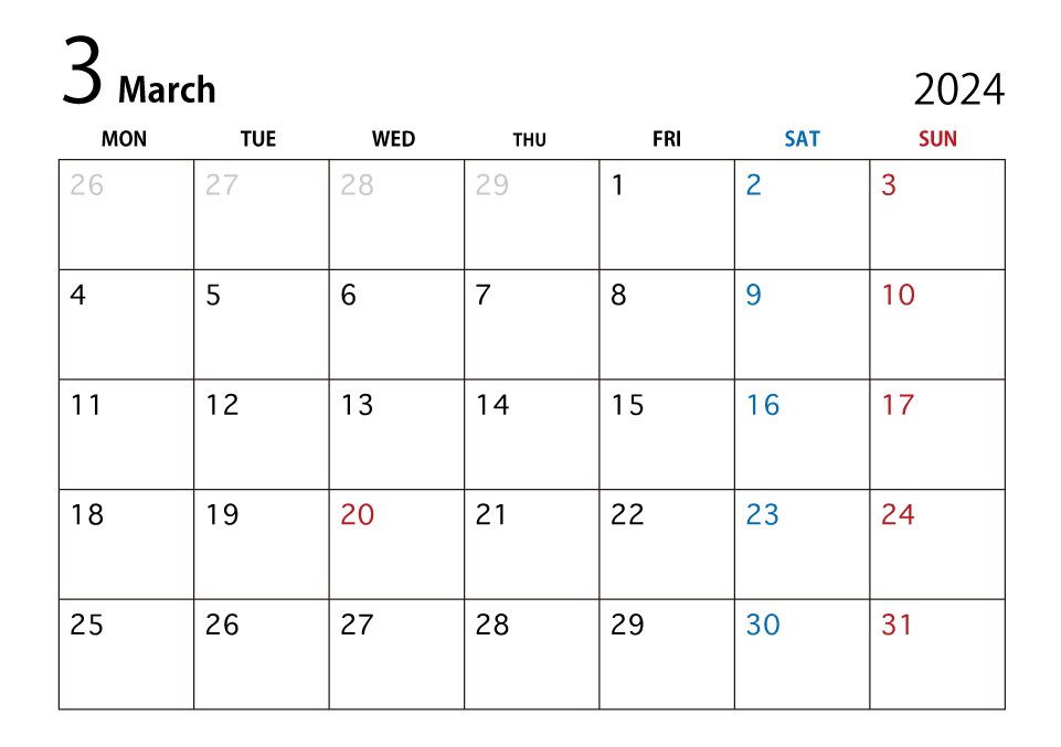 2024年3月カレンダー（月曜始まり）