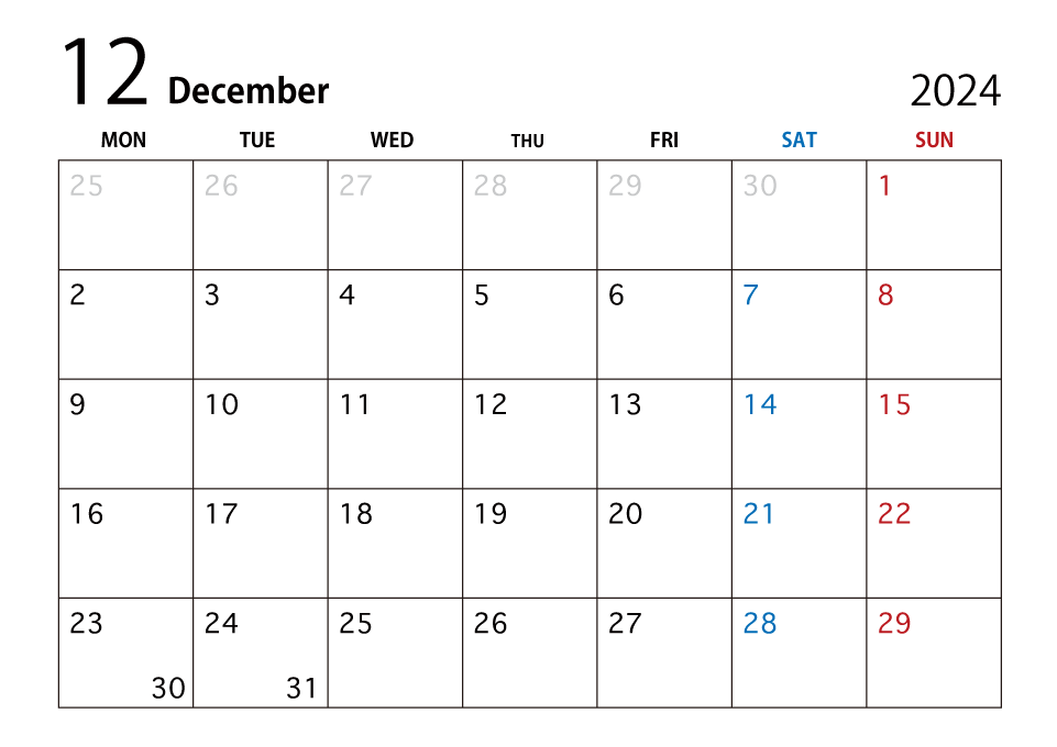 2024年12月カレンダー（月曜始まり）