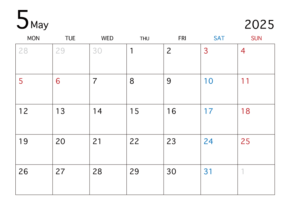2025年5月カレンダー（月曜始まり）