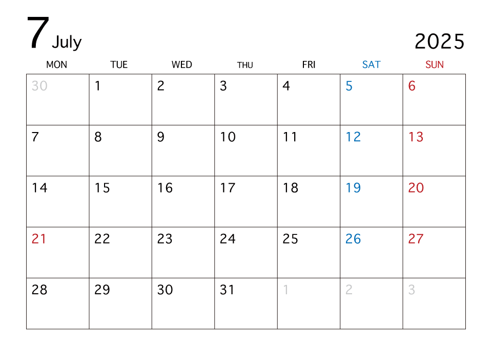 2025年7月カレンダー（月曜始まり）