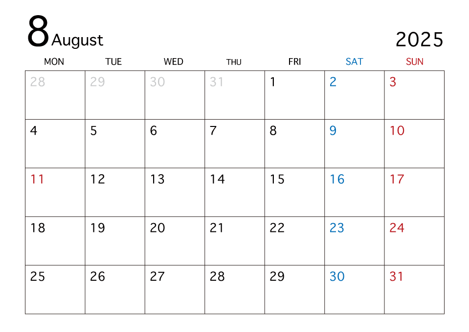 2025年8月カレンダー（月曜始まり）