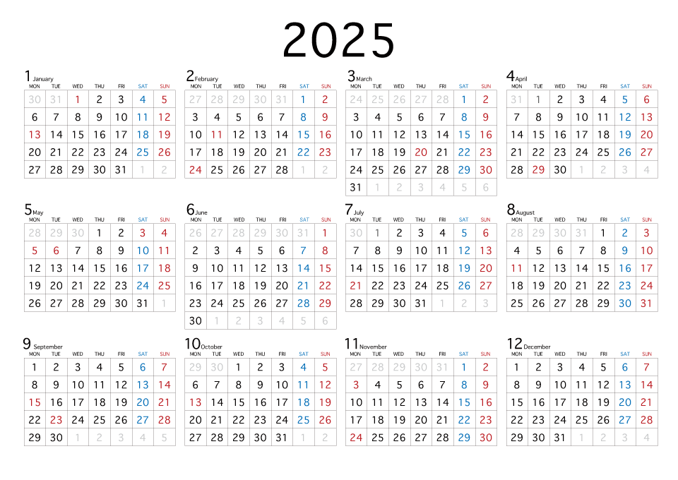 2025年カレンダー（月曜始まり）