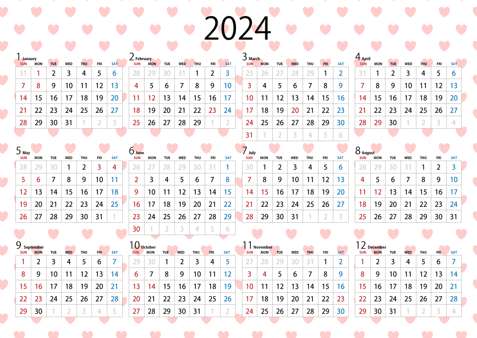 ハート柄の2020年カレンダーの無料イラスト素材 イラストイメージ