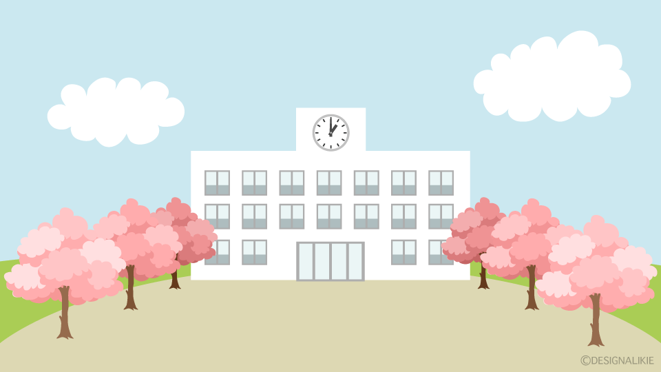 満開の桜と学校校舎の無料イラスト素材 イラストイメージ