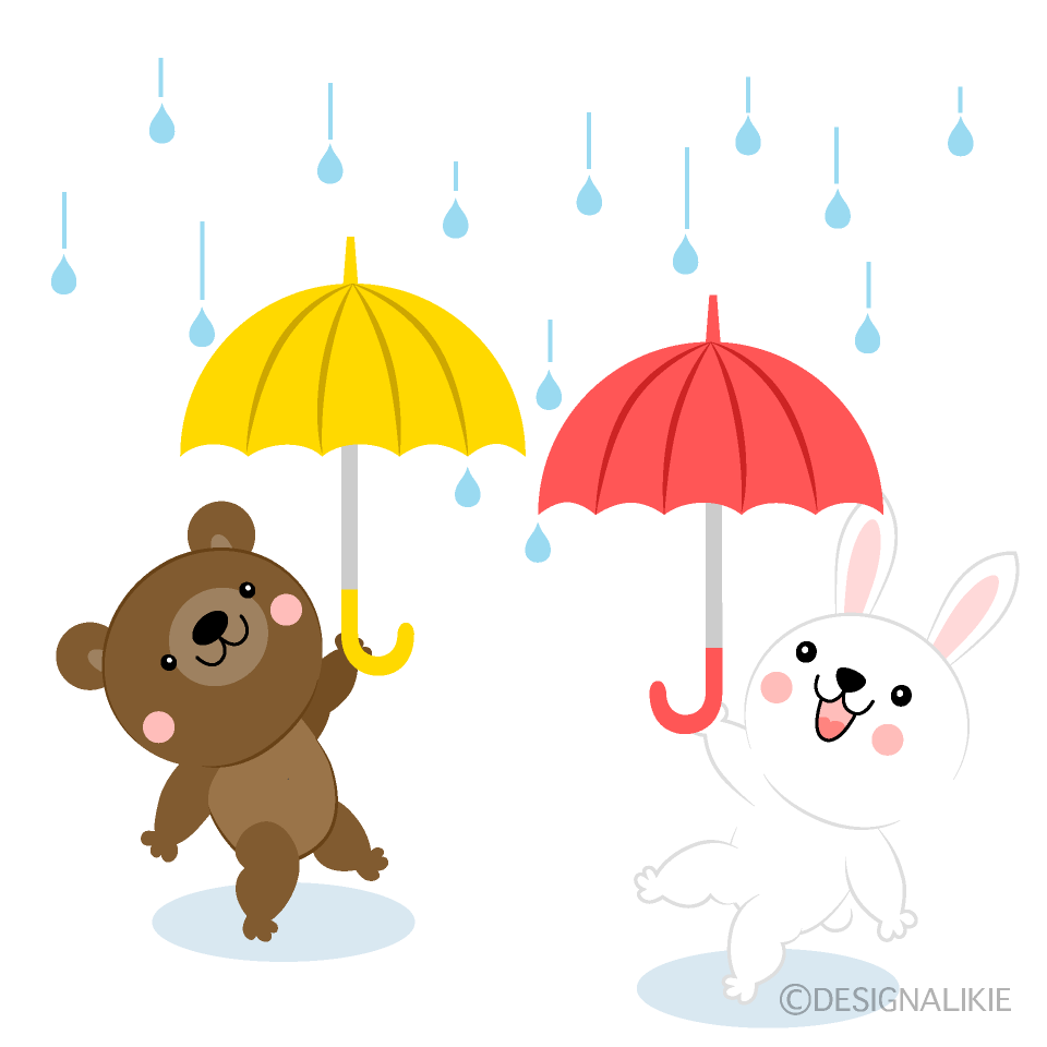 雨にはしゃぐクマとウサギイラストのフリー素材 イラストイメージ