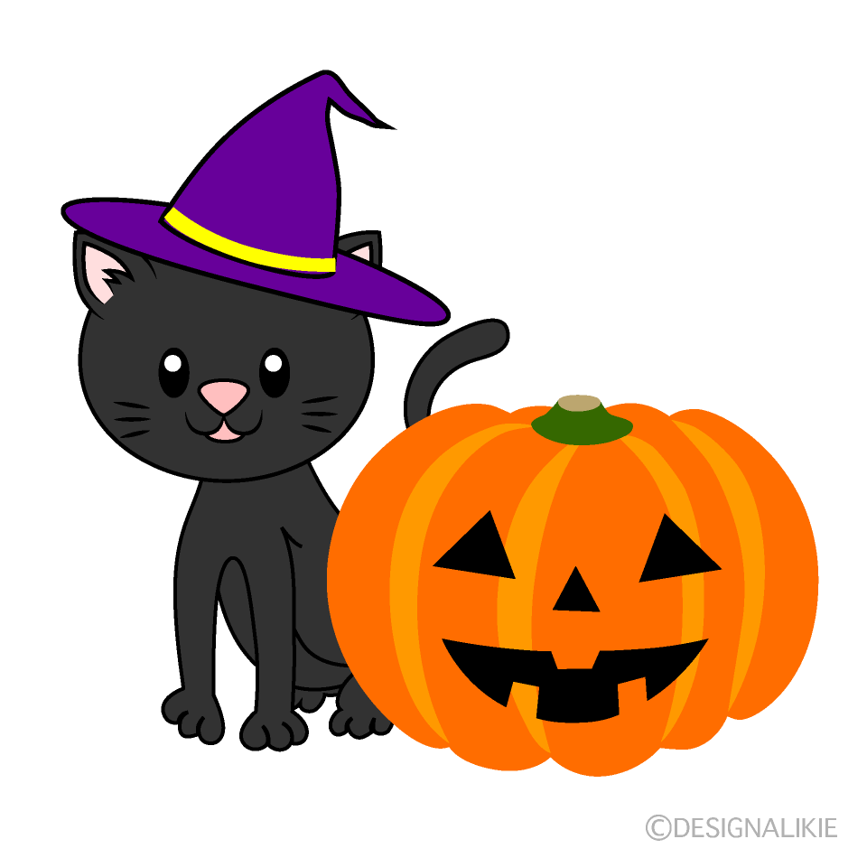 黒猫とハロウィンかぼちゃイラストのフリー素材｜イラストイメージ