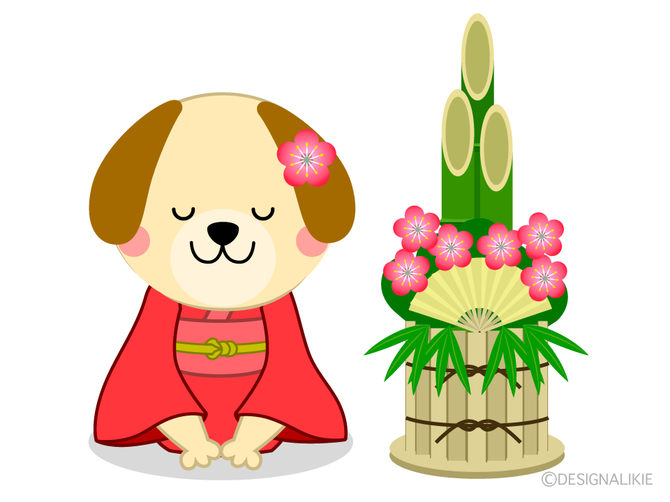 門松と着物を着た犬キャラクター