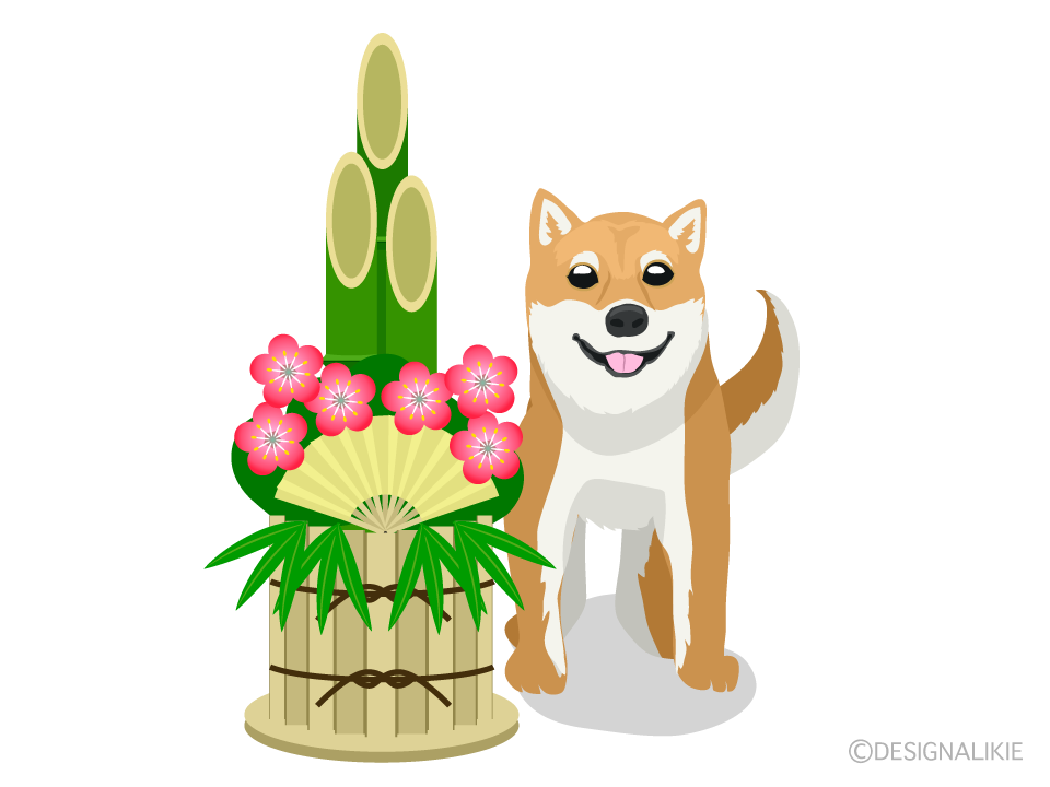 柴犬と門松イラストのフリー素材 イラストイメージ