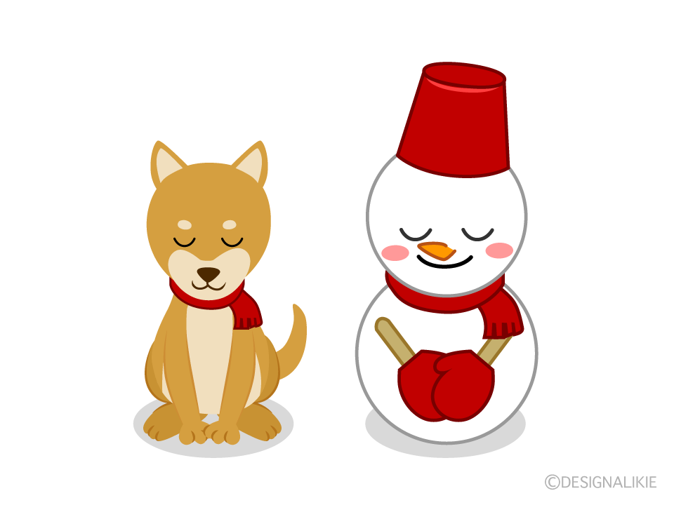 お辞儀する犬と雪だるまイラストのフリー素材 イラストイメージ
