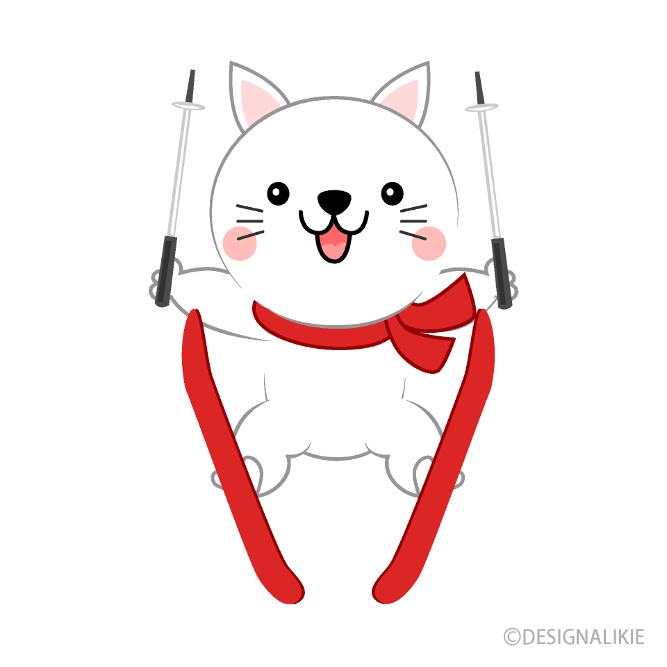 スキージャンプする可愛い白ネコの無料イラスト素材 イラストイメージ