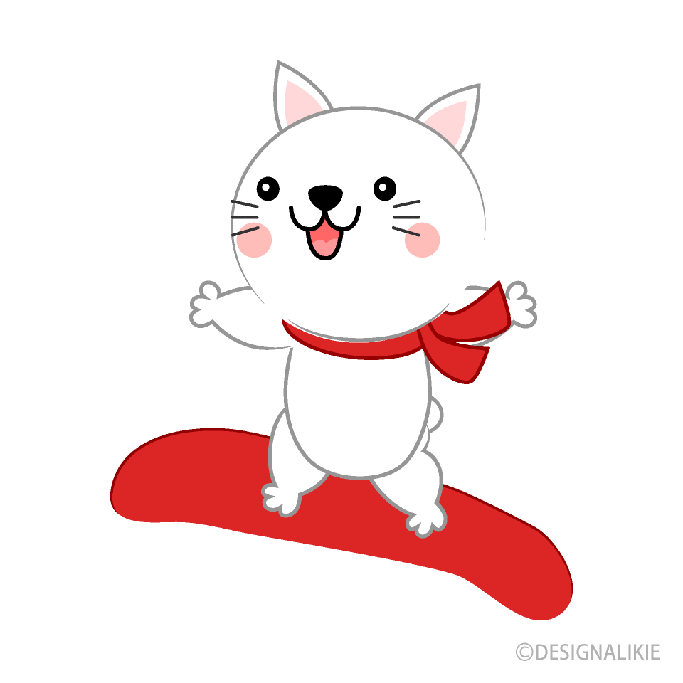 スノーボードジャンプする可愛い白ネコの無料イラスト素材 イラストイメージ