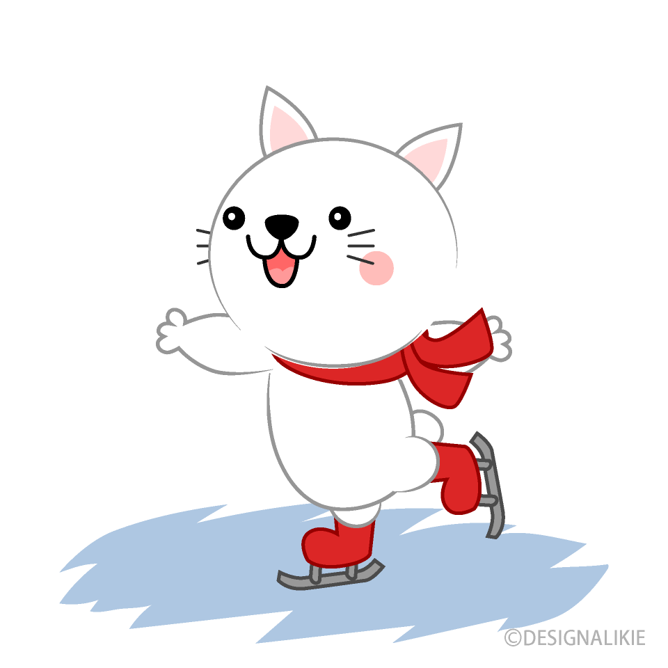 スケートする可愛い白ネコの無料イラスト素材 イラストイメージ