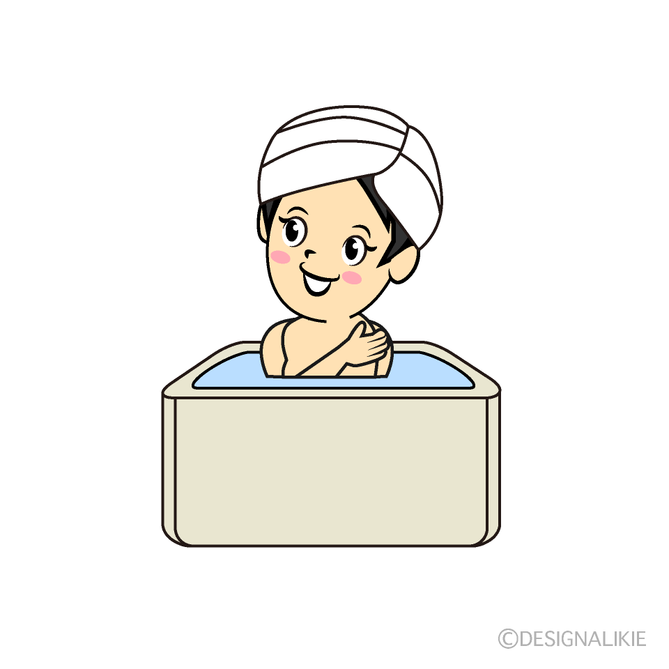 頭にタオルを巻いて入浴する女性イラストのフリー素材 イラストイメージ