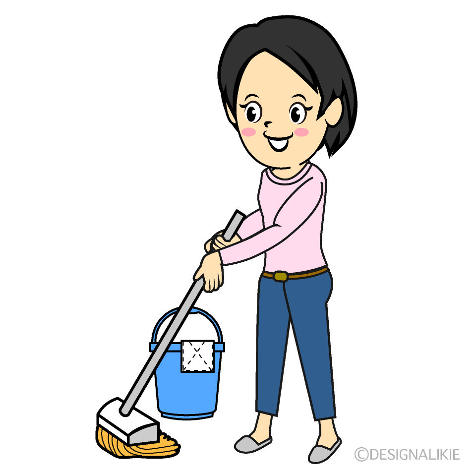 モップで掃除する女性の無料イラスト素材 イラストイメージ