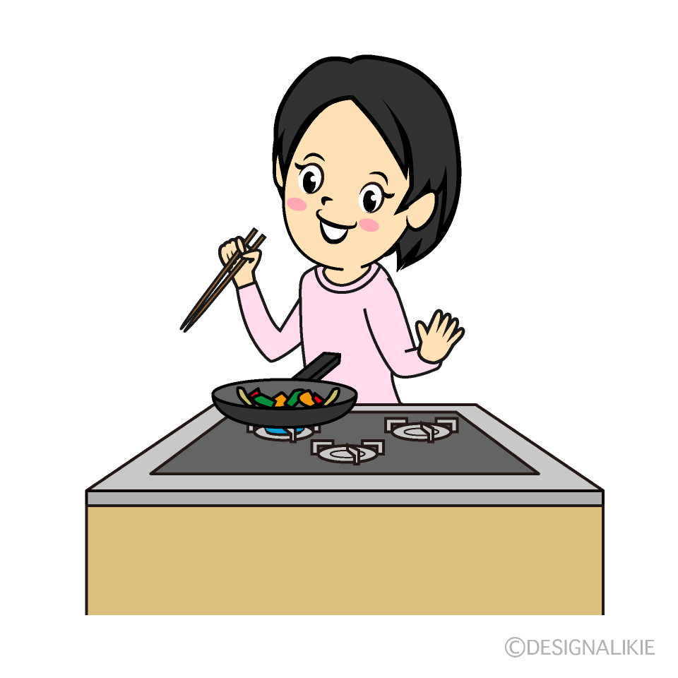 野菜炒めを作る女性イラストのフリー素材 イラストイメージ