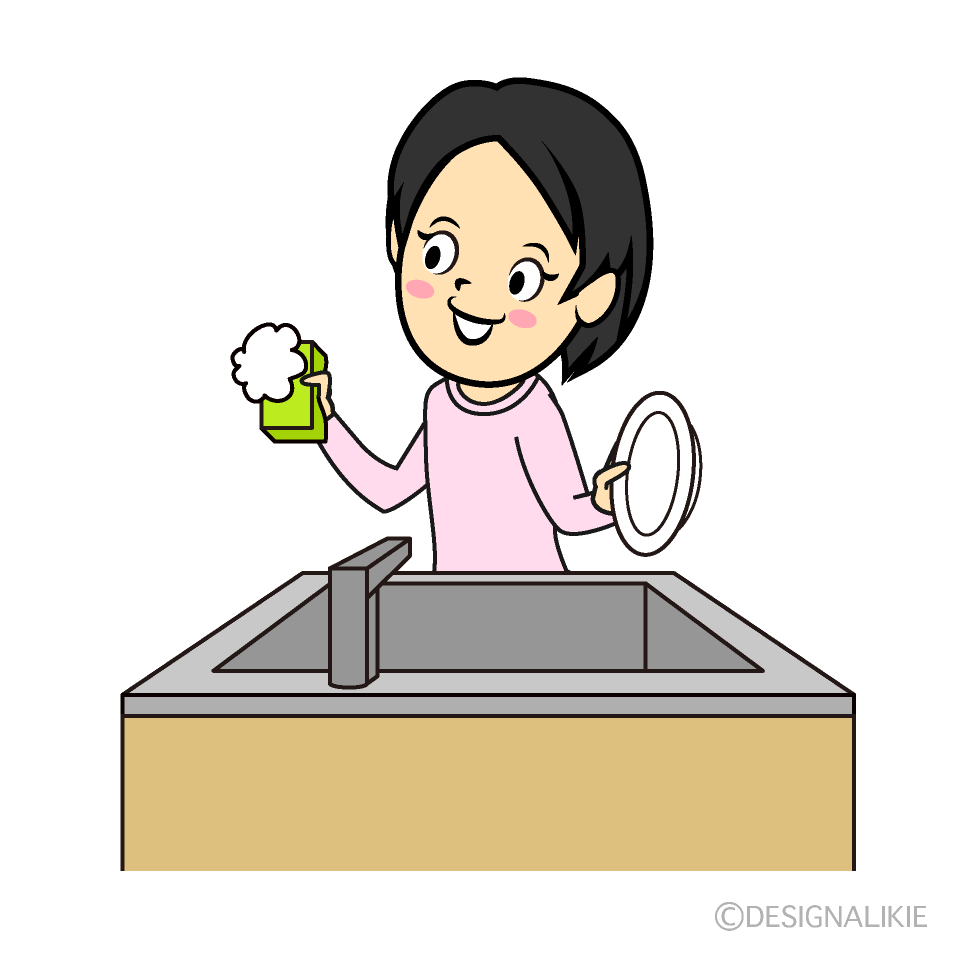 無料の食器洗いする女性イラストフリー素材