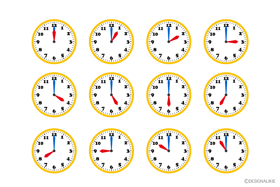 1時から12時の時間を学ぶ時計の無料イラスト素材 イラストイメージ